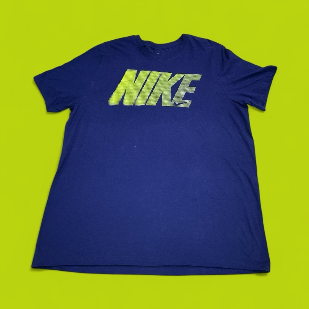 Nike Men's Navy Blue Tee with Neon Logo